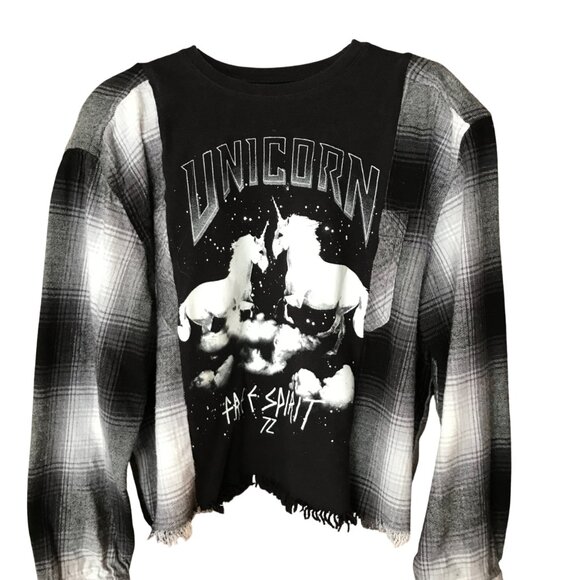 Upcycled Girls Unicorn Flannel Shirt: Reworked Graphic Tee Black White Size 8-12 - Picture 1 of 11